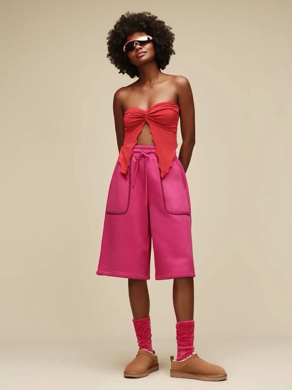 Ugg Classic Bermuda Short Vavoom Heather Fleece Drawstring Pocket Baggy XS Pink